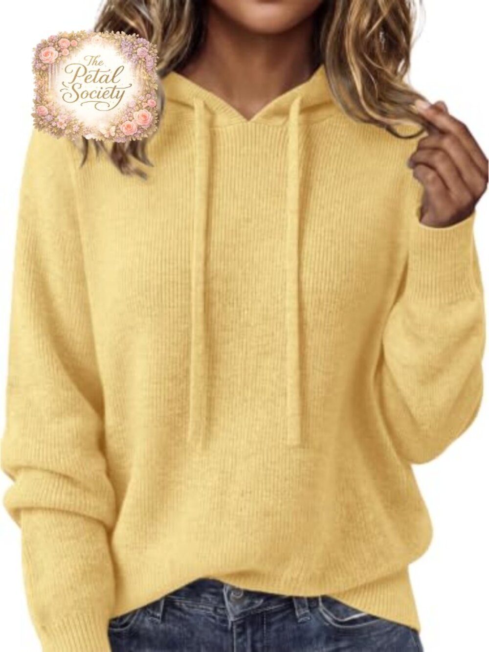 Womens Hooded Pullover Sweater Drawstring Knit Drop Shoulder